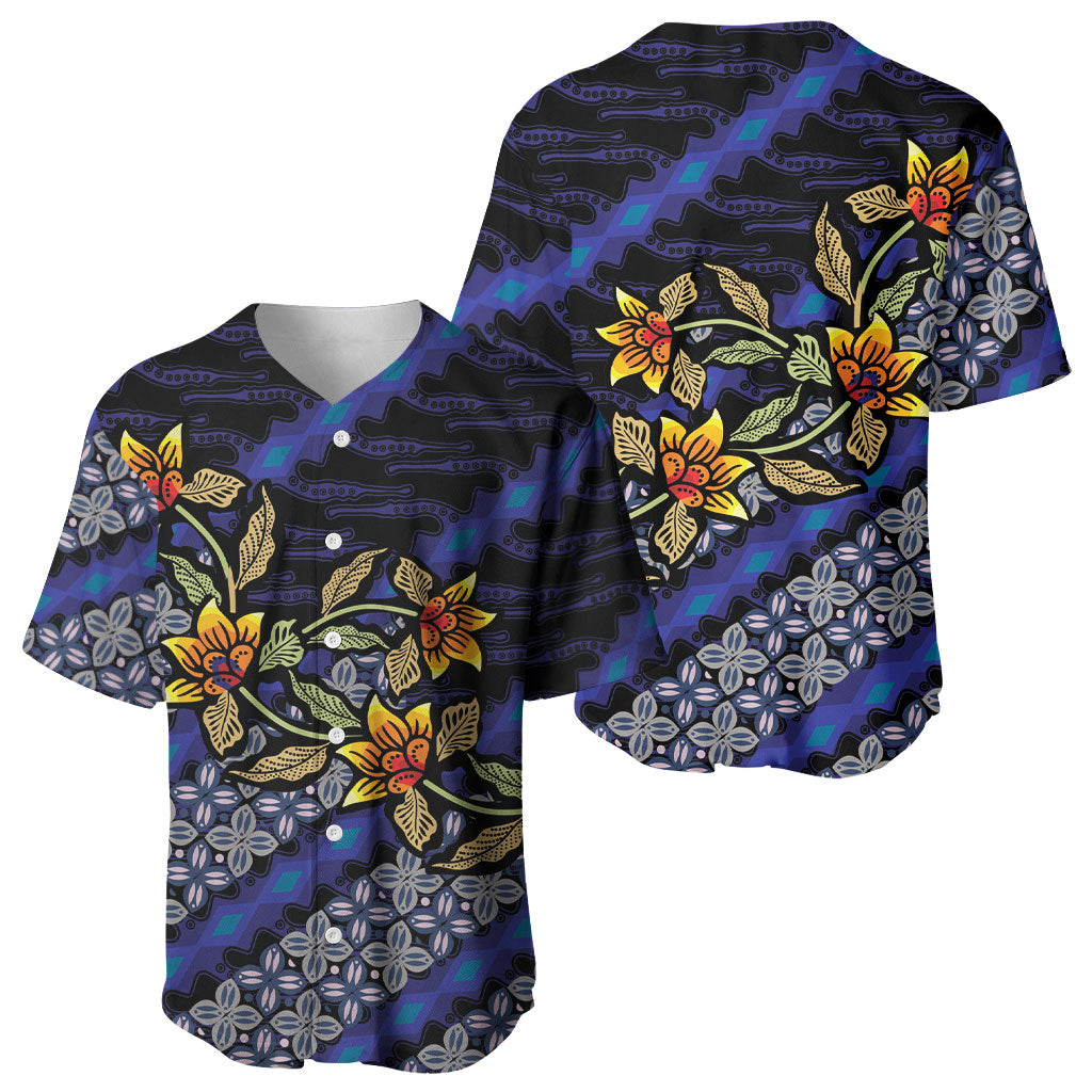Indonesian Batik Motifs Pattern Floral Art Dark Blue Baseball Jersey