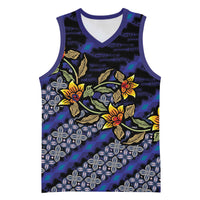 Indonesian Batik Motifs Pattern Floral Art Dark Blue Basketball Jersey