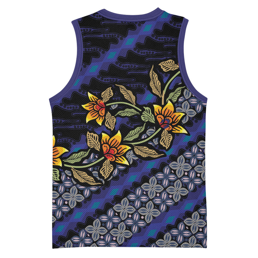 Indonesian Batik Motifs Pattern Floral Art Dark Blue Basketball Jersey