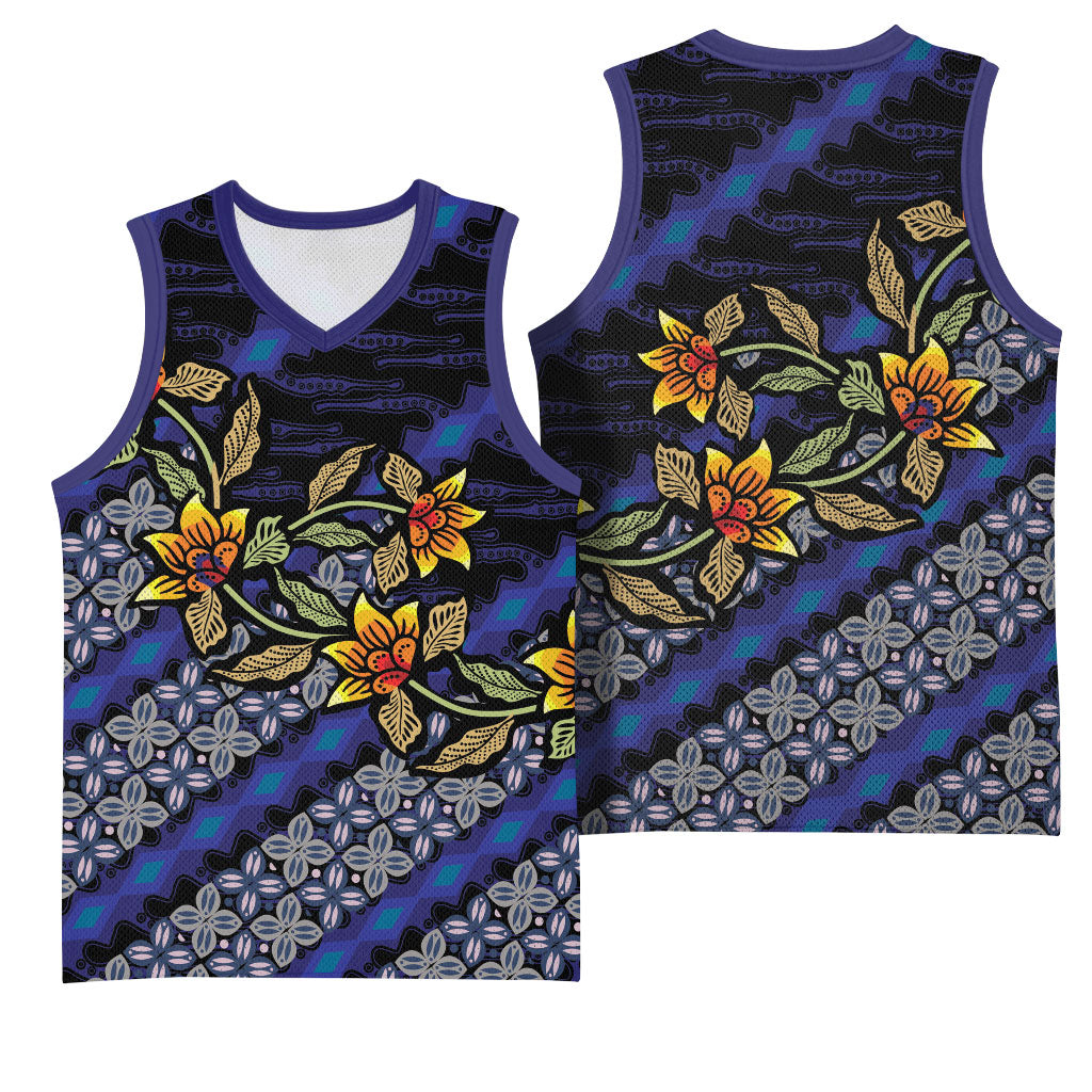 Indonesian Batik Motifs Pattern Floral Art Dark Blue Basketball Jersey