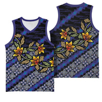 Indonesian Batik Motifs Pattern Floral Art Dark Blue Basketball Jersey