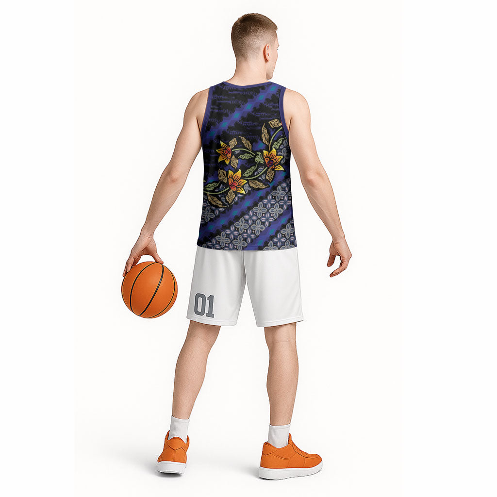 Indonesian Batik Motifs Pattern Floral Art Dark Blue Basketball Jersey