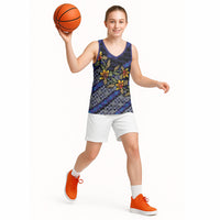 Indonesian Batik Motifs Pattern Floral Art Dark Blue Basketball Jersey