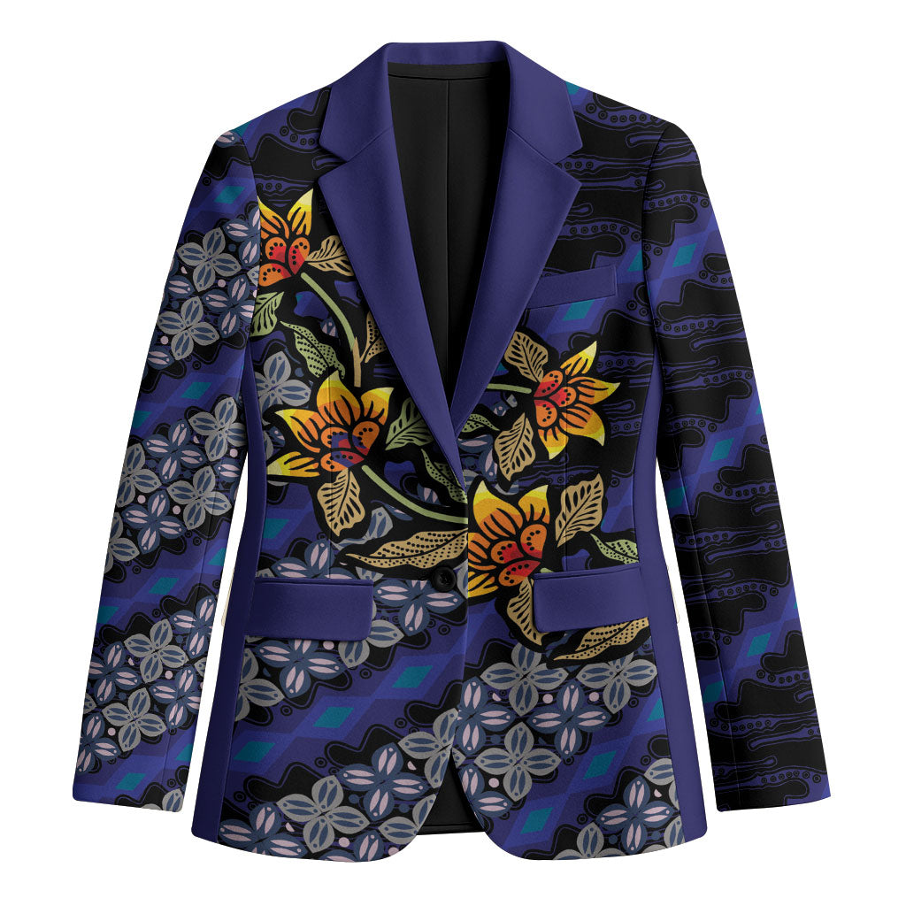Indonesian Batik Motifs Pattern Floral Art Dark Blue Blazer