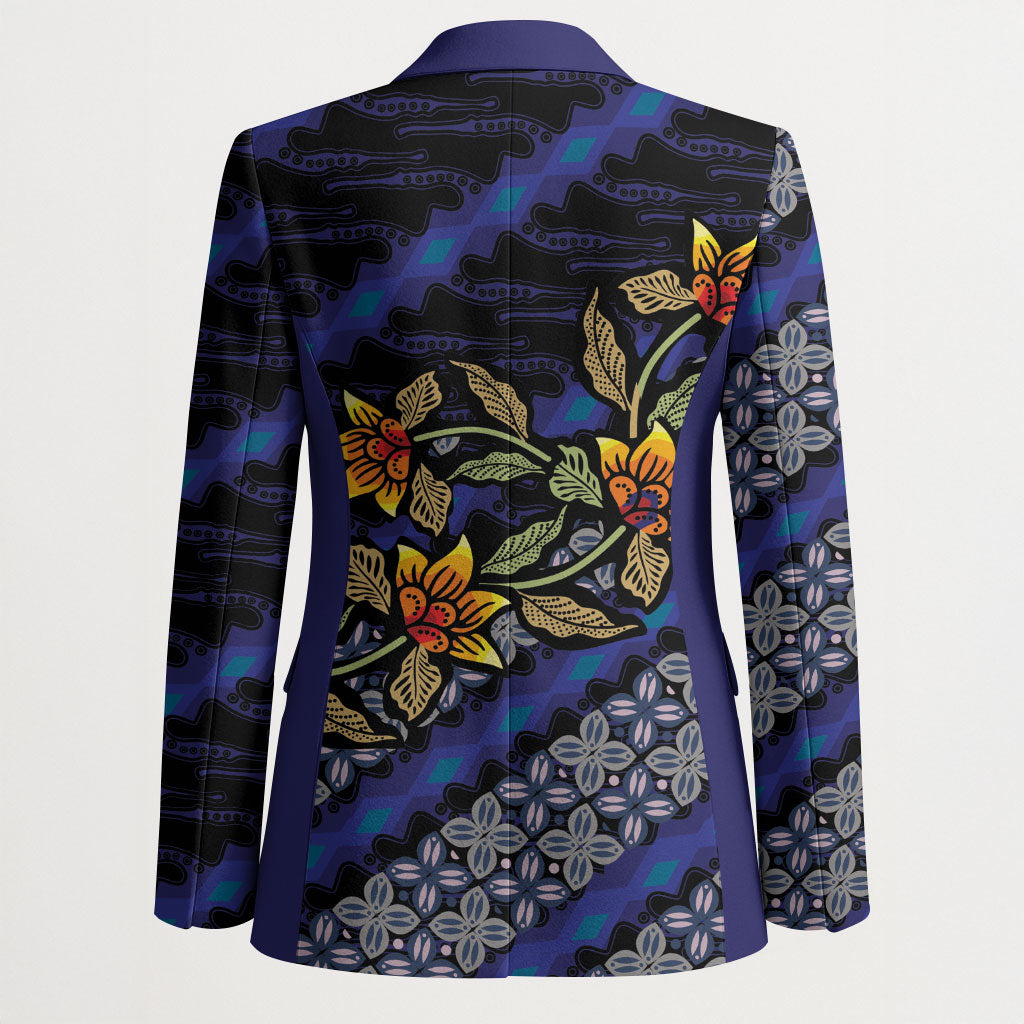 Indonesian Batik Motifs Pattern Floral Art Dark Blue Blazer
