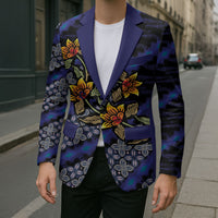 Indonesian Batik Motifs Pattern Floral Art Dark Blue Blazer