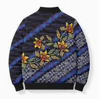 Indonesian Batik Motifs Pattern Floral Art Dark Blue Bomber Puffer Jacket