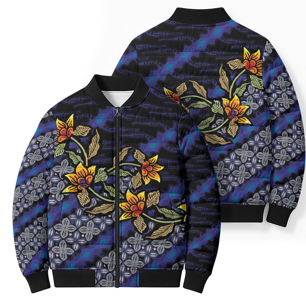Indonesian Batik Motifs Pattern Floral Art Dark Blue Bomber Puffer Jacket