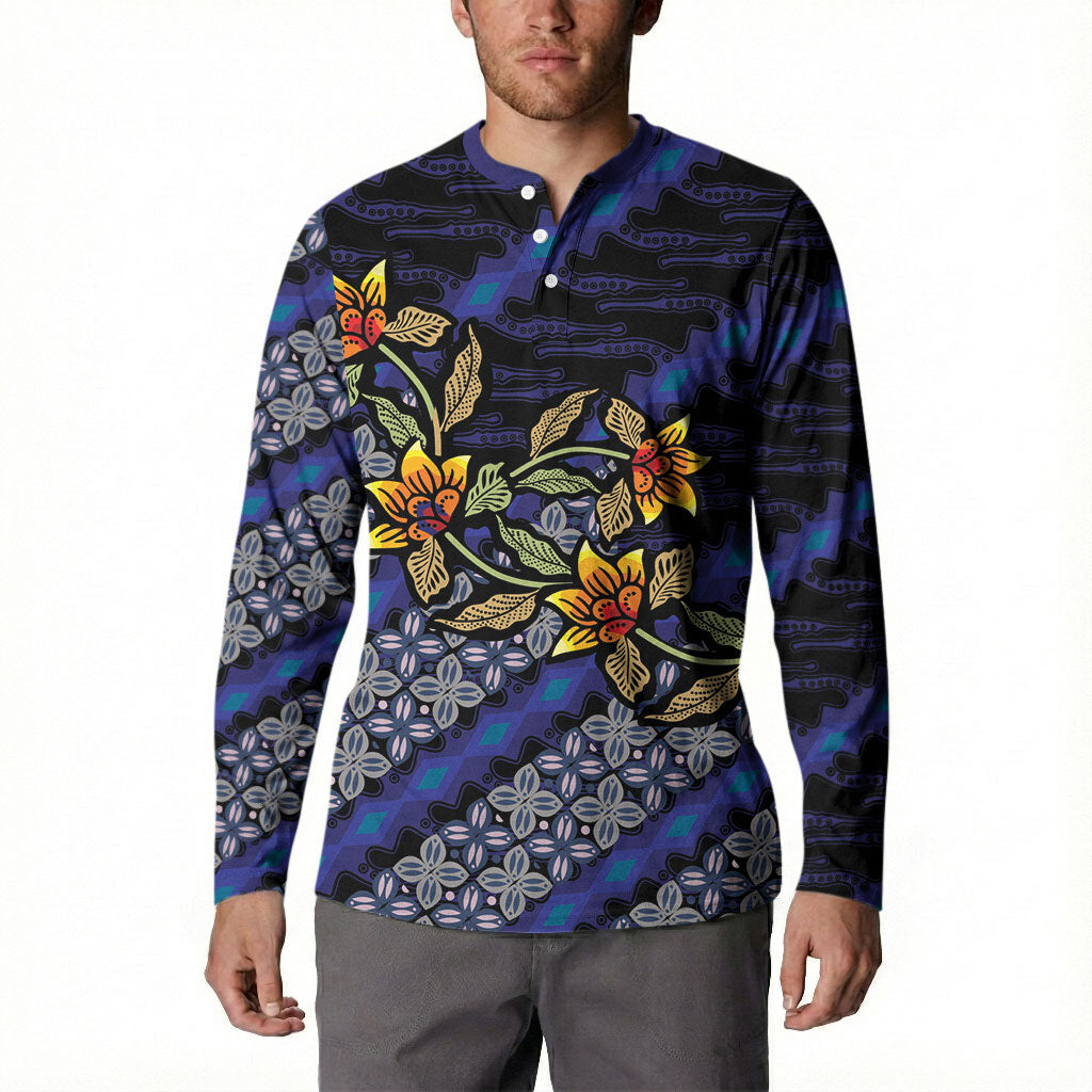 Indonesian Batik Motifs Pattern Floral Art Dark Blue Button Sweatshirt