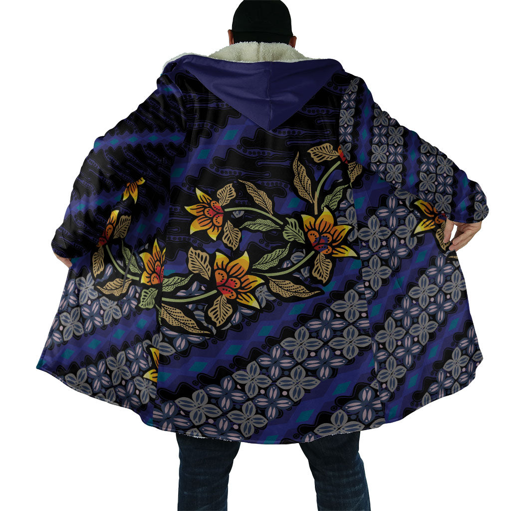 Indonesian Batik Motifs Pattern Floral Art Dark Blue Cloak