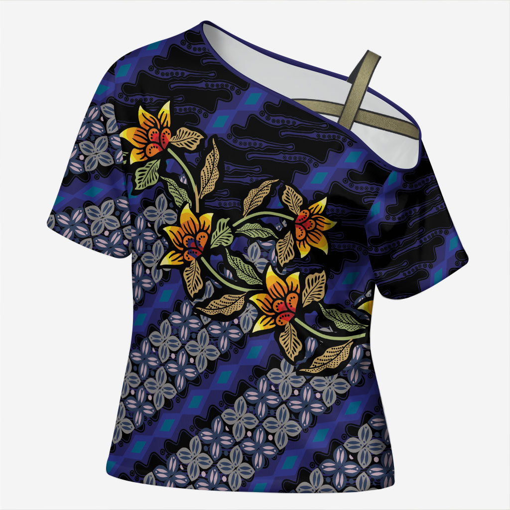Indonesian Batik Motifs Pattern Floral Art Dark Blue Cross Shoulder Shirt