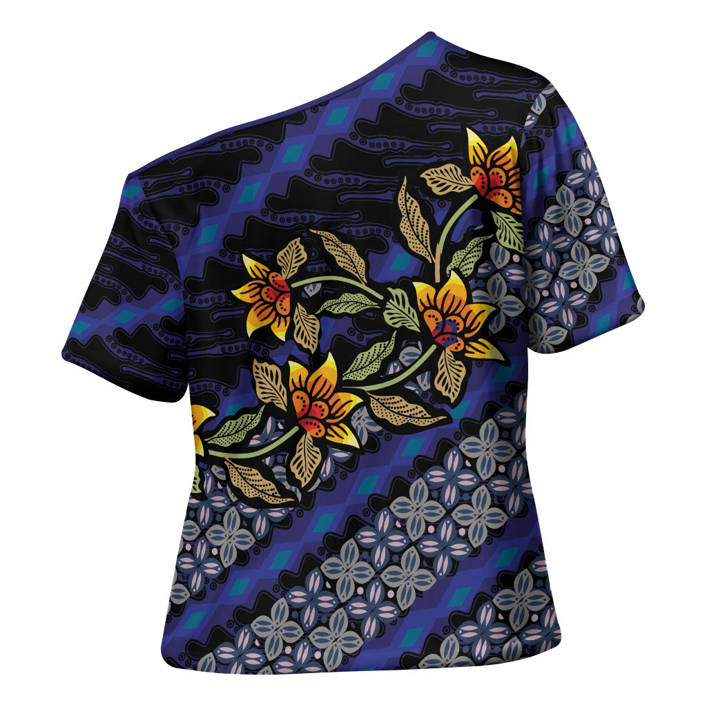 Indonesian Batik Motifs Pattern Floral Art Dark Blue Cross Shoulder Shirt