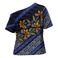 Indonesian Batik Motifs Pattern Floral Art Dark Blue Cross Shoulder Shirt