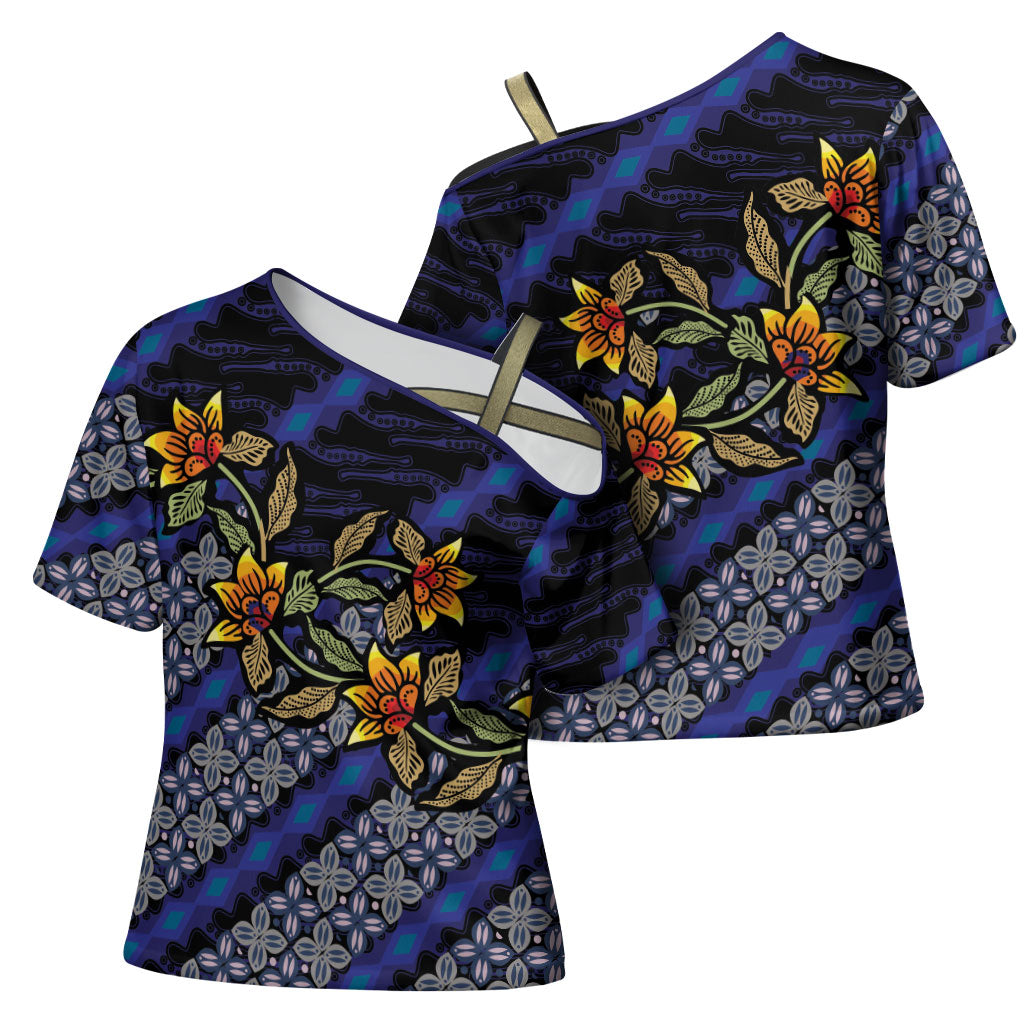 Indonesian Batik Motifs Pattern Floral Art Dark Blue Cross Shoulder Shirt