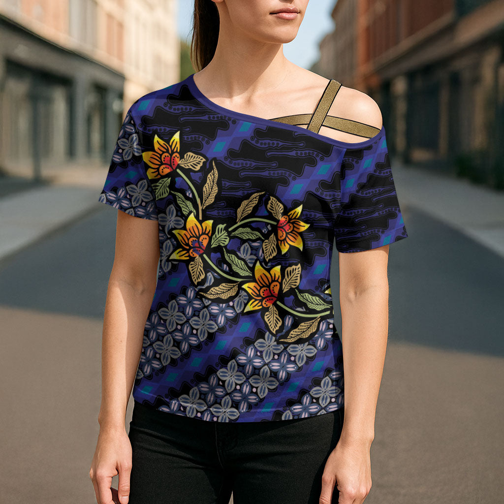 Indonesian Batik Motifs Pattern Floral Art Dark Blue Cross Shoulder Shirt