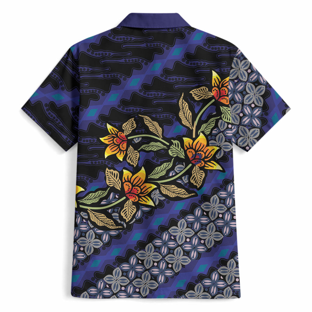 Indonesian Batik Motifs Pattern Floral Art Dark Blue Hawaiian Shirt