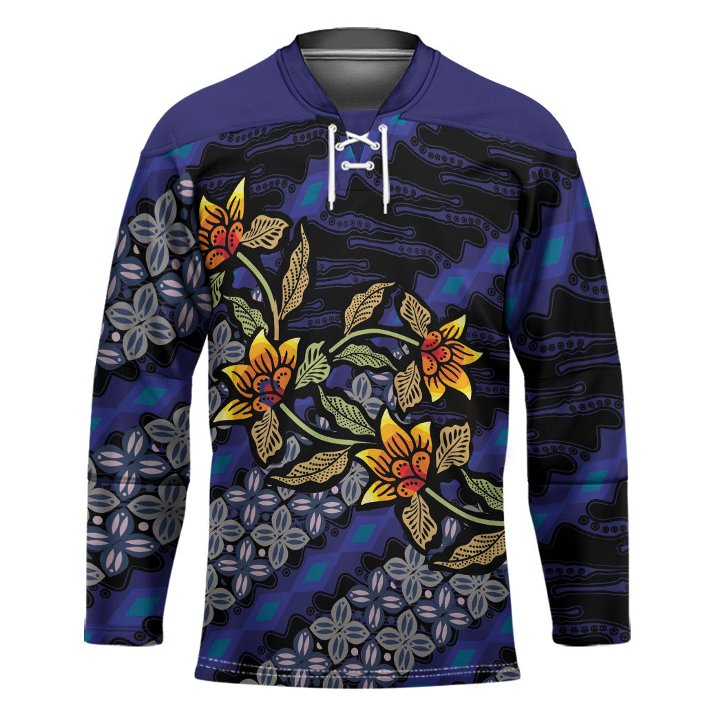 Indonesian Batik Motifs Pattern Floral Art Dark Blue Hockey Jersey