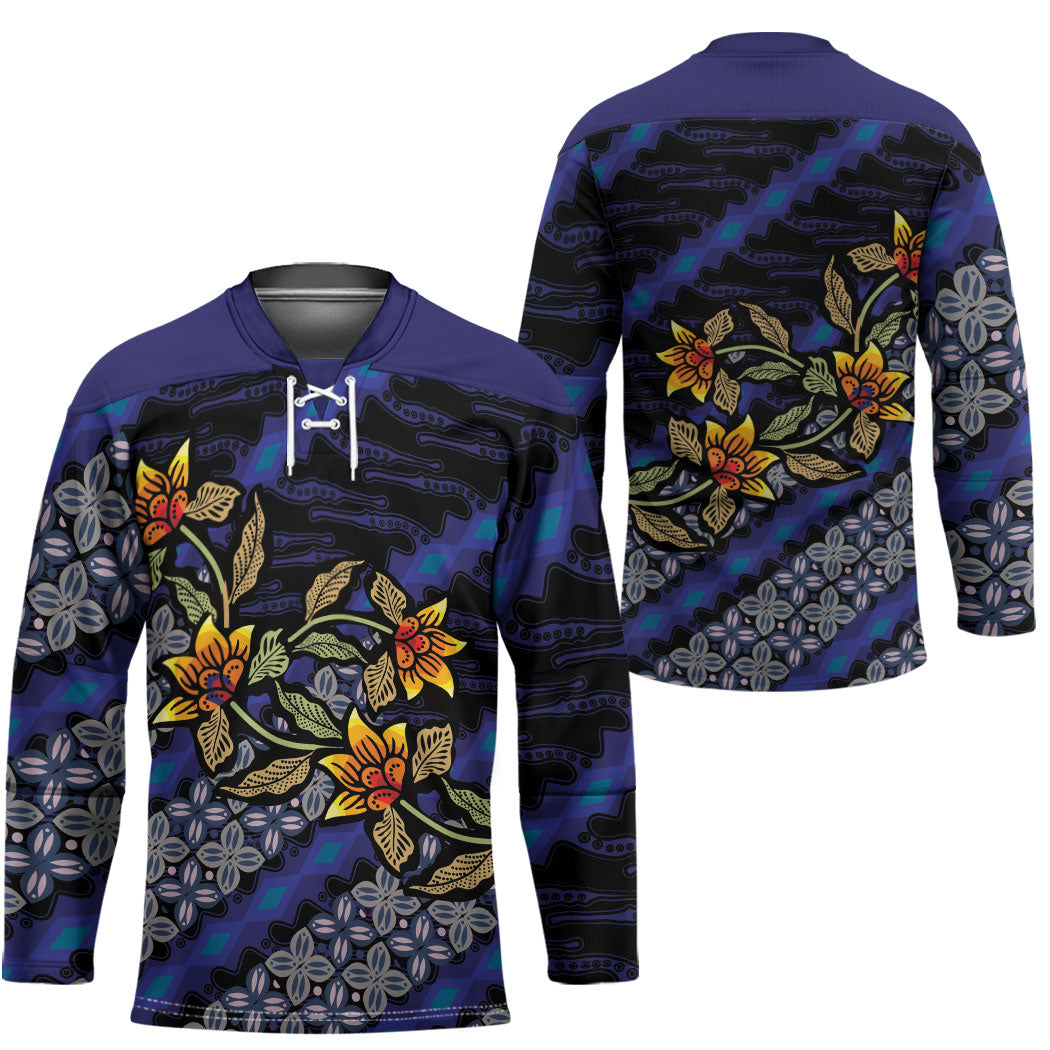 Indonesian Batik Motifs Pattern Floral Art Dark Blue Hockey Jersey
