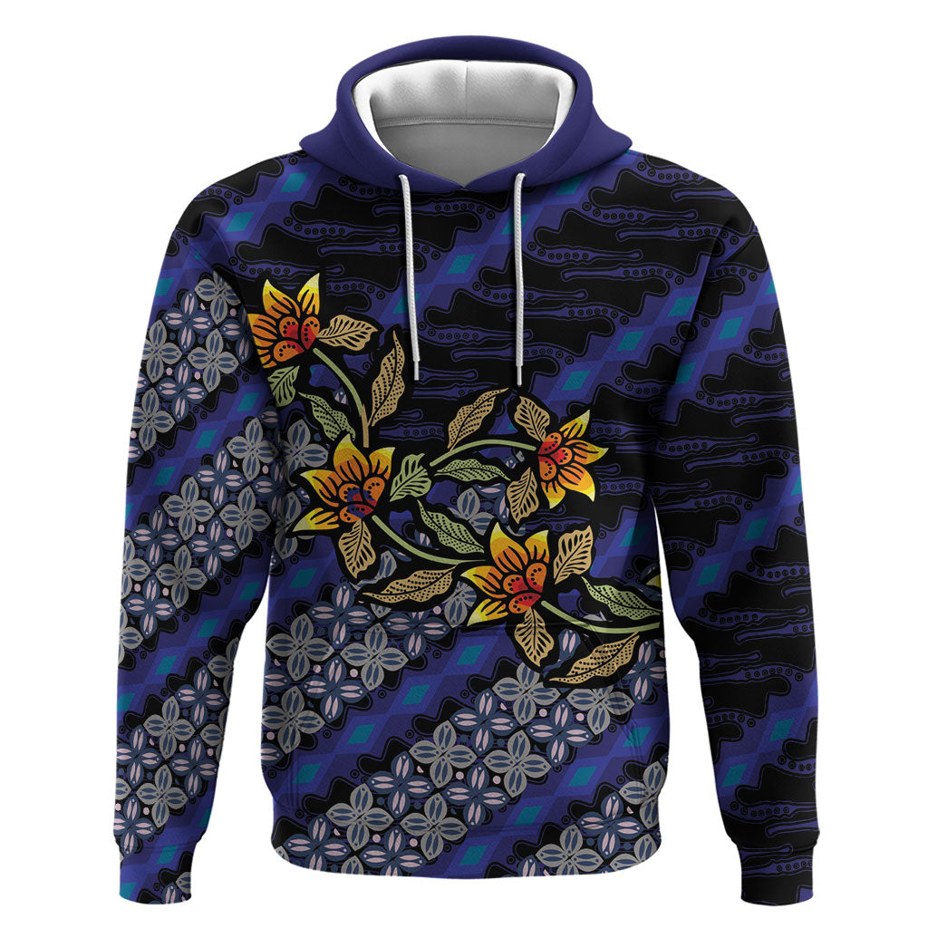 Indonesian Batik Motifs Pattern Floral Art Dark Blue Hoodie