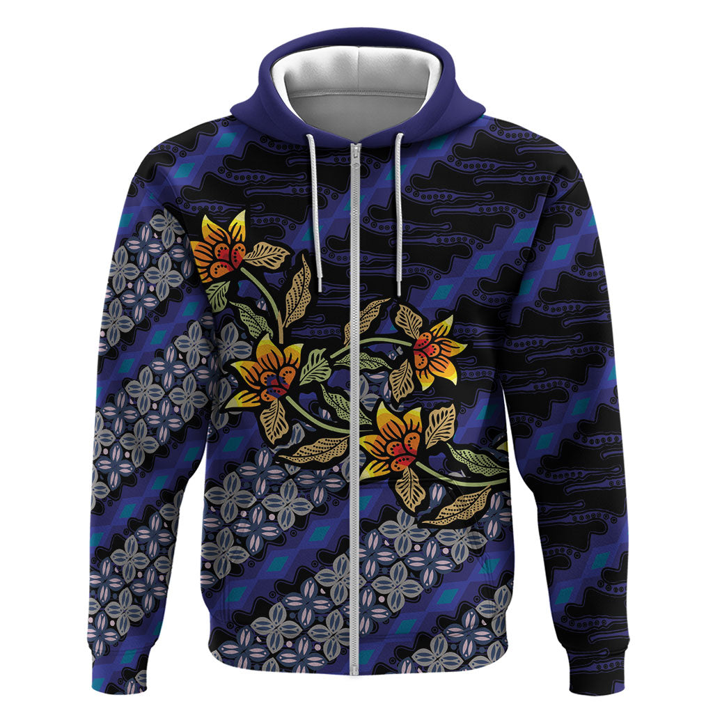 Indonesian Batik Motifs Pattern Floral Art Dark Blue Hoodie