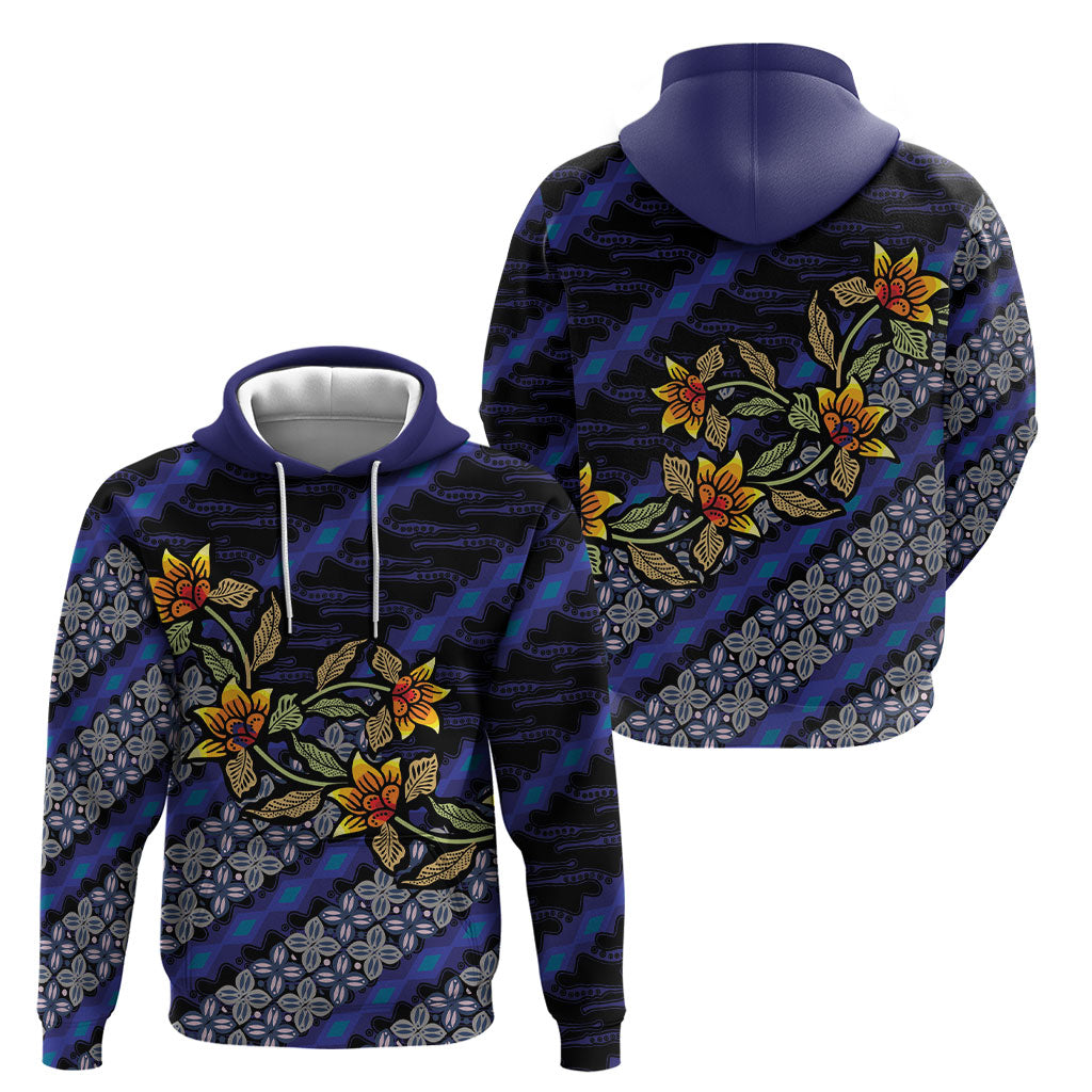 Indonesian Batik Motifs Pattern Floral Art Dark Blue Hoodie