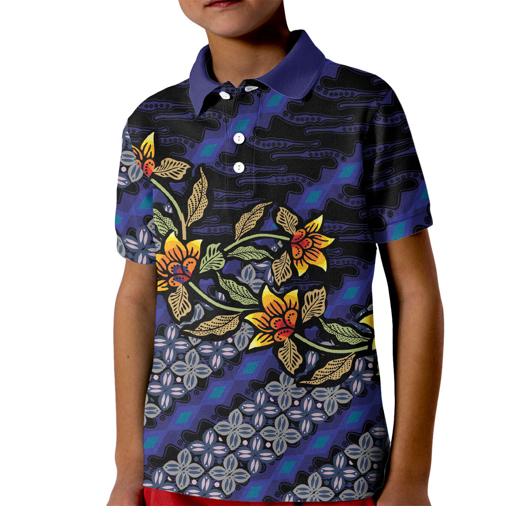 Indonesian Batik Motifs Pattern Floral Art Dark Blue Kid Polo Shirt