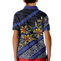 Indonesian Batik Motifs Pattern Floral Art Dark Blue Kid Polo Shirt