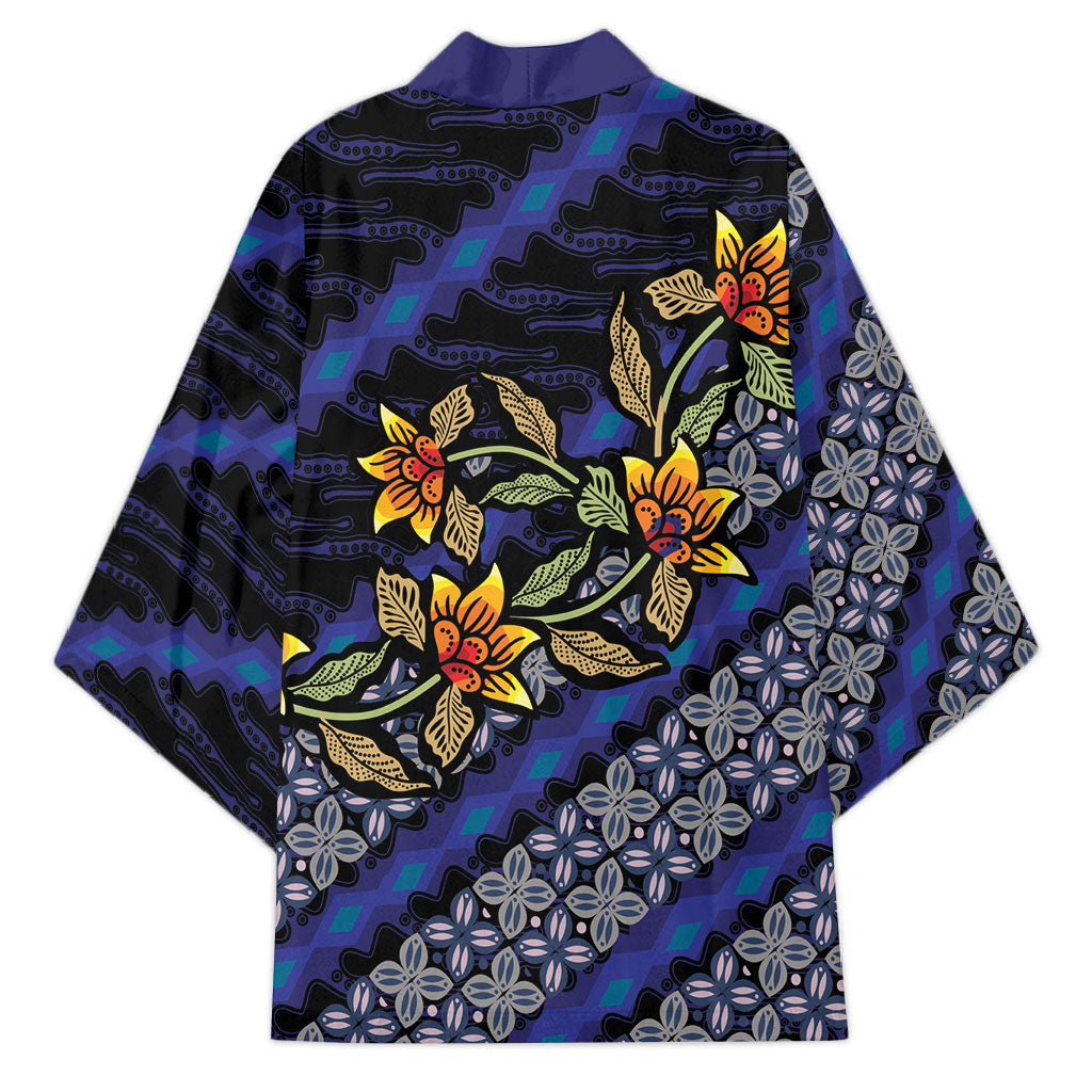 Indonesian Batik Motifs Pattern Floral Art Dark Blue Kimono