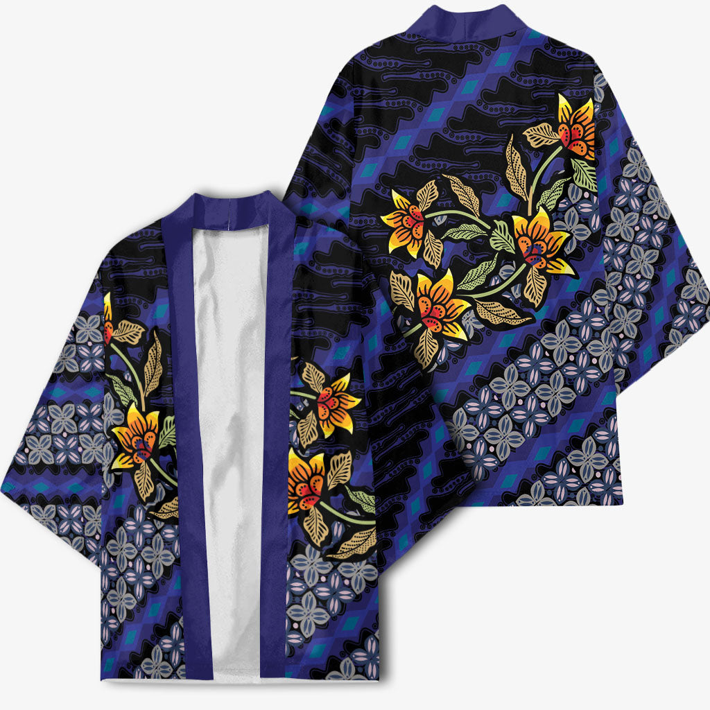 Indonesian Batik Motifs Pattern Floral Art Dark Blue Kimono