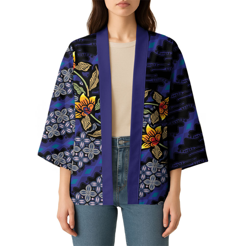 Indonesian Batik Motifs Pattern Floral Art Dark Blue Kimono