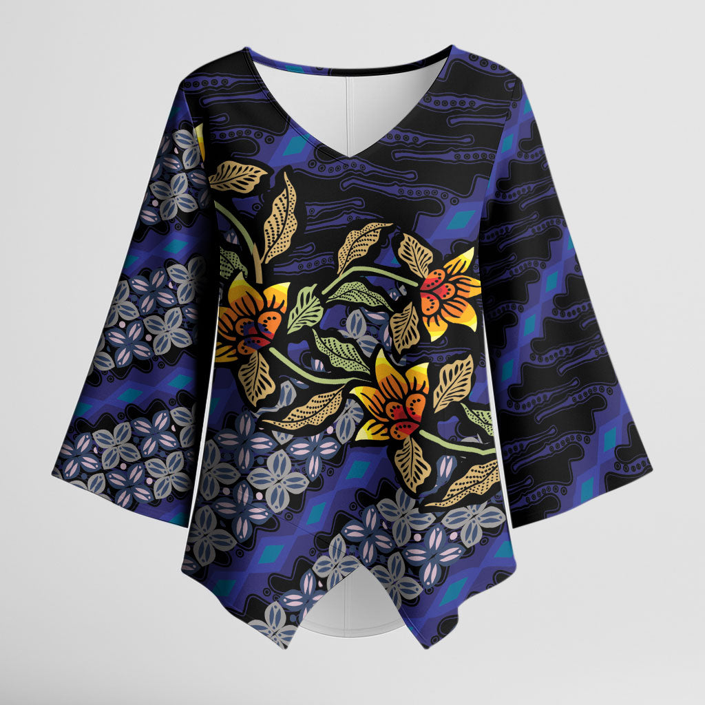 Indonesian Batik Motifs Pattern Floral Art Dark Blue Kimono Sleeve Blouse