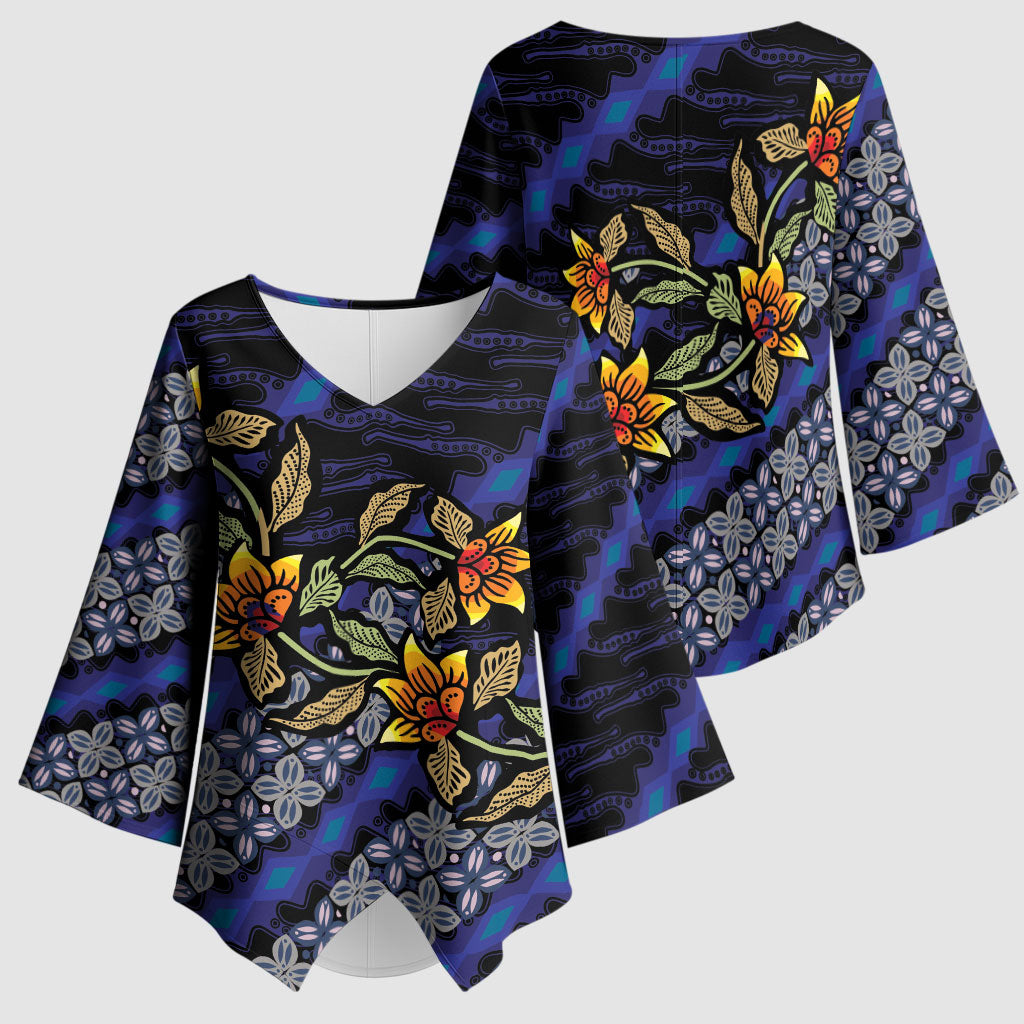 Indonesian Batik Motifs Pattern Floral Art Dark Blue Kimono Sleeve Blouse