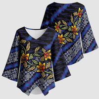 Indonesian Batik Motifs Pattern Floral Art Dark Blue Kimono Sleeve Blouse