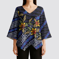 Indonesian Batik Motifs Pattern Floral Art Dark Blue Kimono Sleeve Blouse