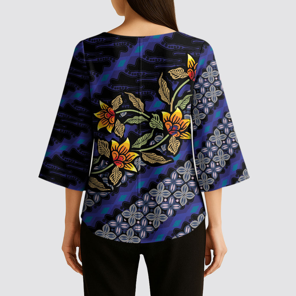 Indonesian Batik Motifs Pattern Floral Art Dark Blue Kimono Sleeve Blouse