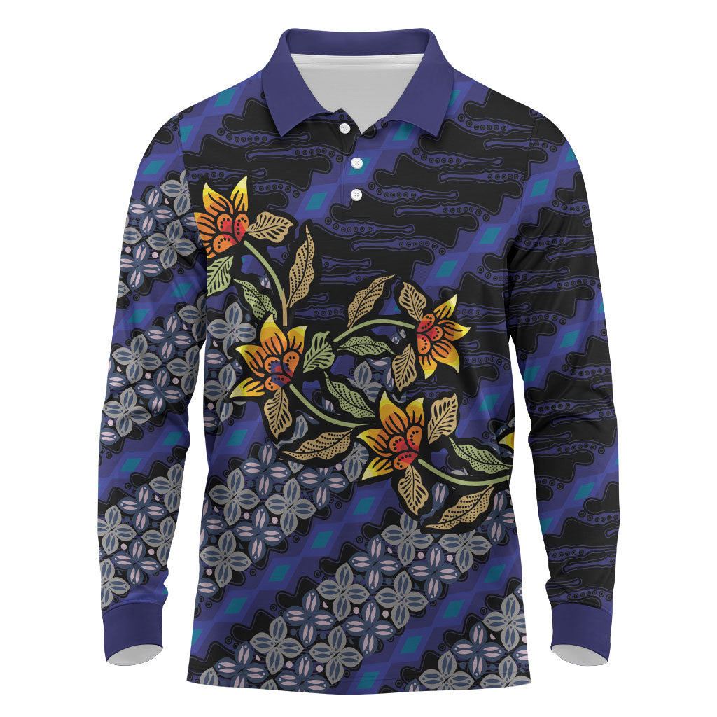 Indonesian Batik Motifs Pattern Floral Art Dark Blue Long Sleeve Polo Shirt