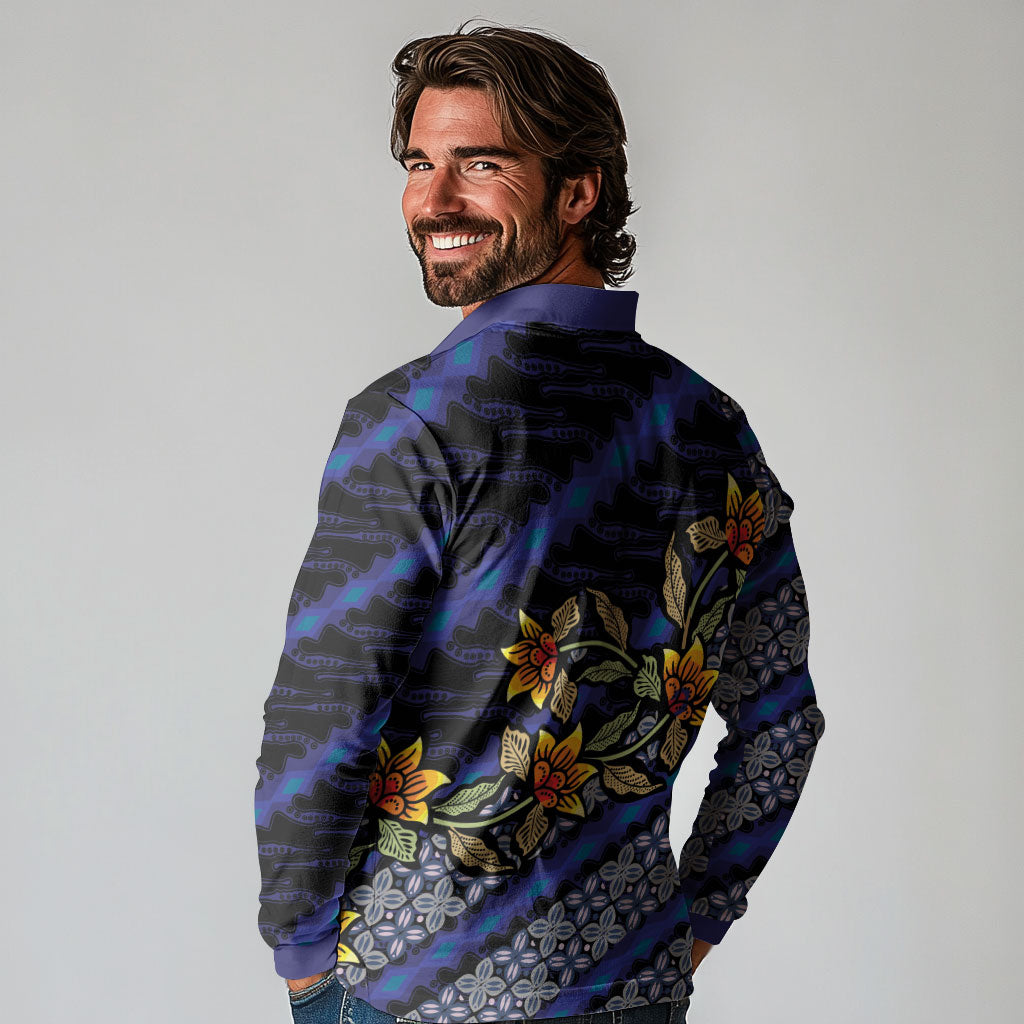 Indonesian Batik Motifs Pattern Floral Art Dark Blue Long Sleeve Polo Shirt