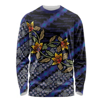 Indonesian Batik Motifs Pattern Floral Art Dark Blue Long Sleeve Shirt