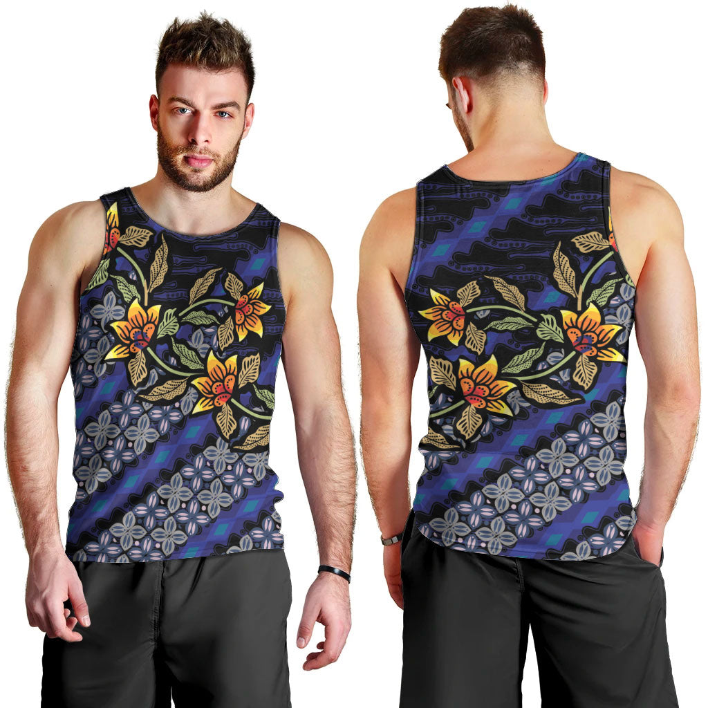 Indonesian Batik Motifs Pattern Floral Art Dark Blue Men Tank Top