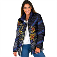 Indonesian Batik Motifs Pattern Floral Art Dark Blue Padded Jacket