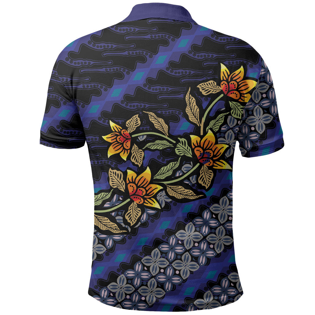Indonesian Batik Motifs Pattern Floral Art Dark Blue Polo Shirt
