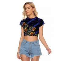 Indonesian Batik Motifs Pattern Floral Art Dark Blue Raglan Cropped T Shirt