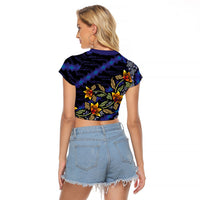 Indonesian Batik Motifs Pattern Floral Art Dark Blue Raglan Cropped T Shirt