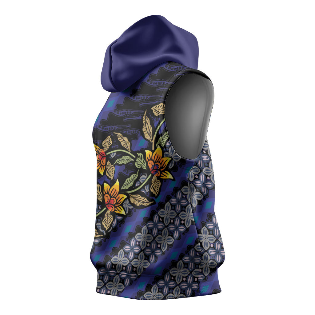 Indonesian Batik Motifs Pattern Floral Art Dark Blue Sleeveless Hoodie
