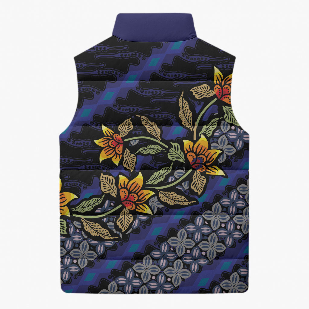 Indonesian Batik Motifs Pattern Floral Art Dark Blue Sleeveless Puffer Jacket