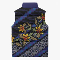 Indonesian Batik Motifs Pattern Floral Art Dark Blue Sleeveless Puffer Jacket
