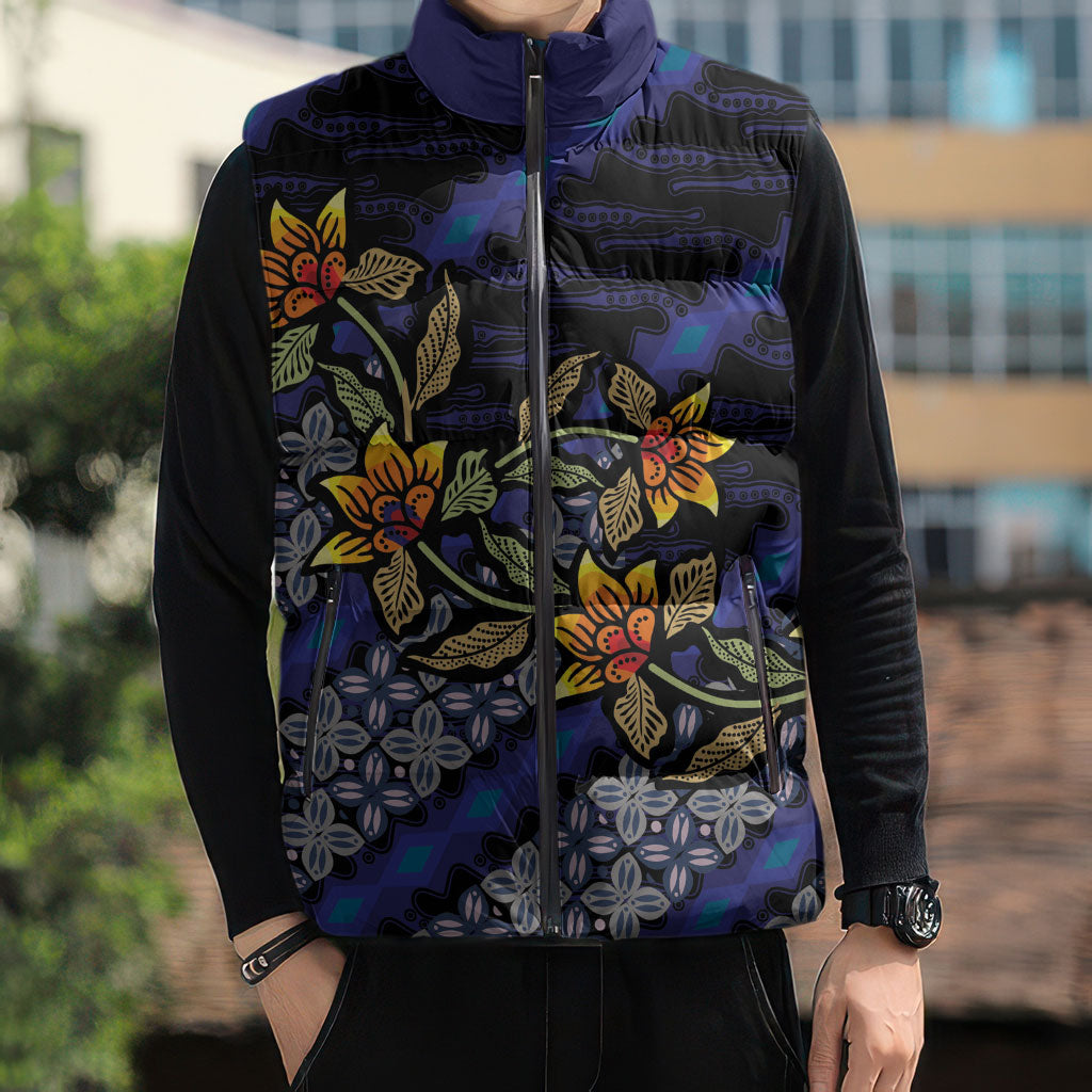 Indonesian Batik Motifs Pattern Floral Art Dark Blue Sleeveless Puffer Jacket