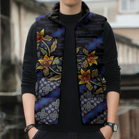 Indonesian Batik Motifs Pattern Floral Art Dark Blue Sleeveless Puffer Jacket