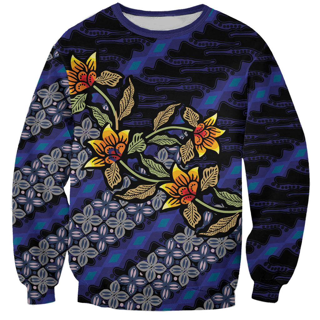 Indonesian Batik Motifs Pattern Floral Art Dark Blue Sweatshirt