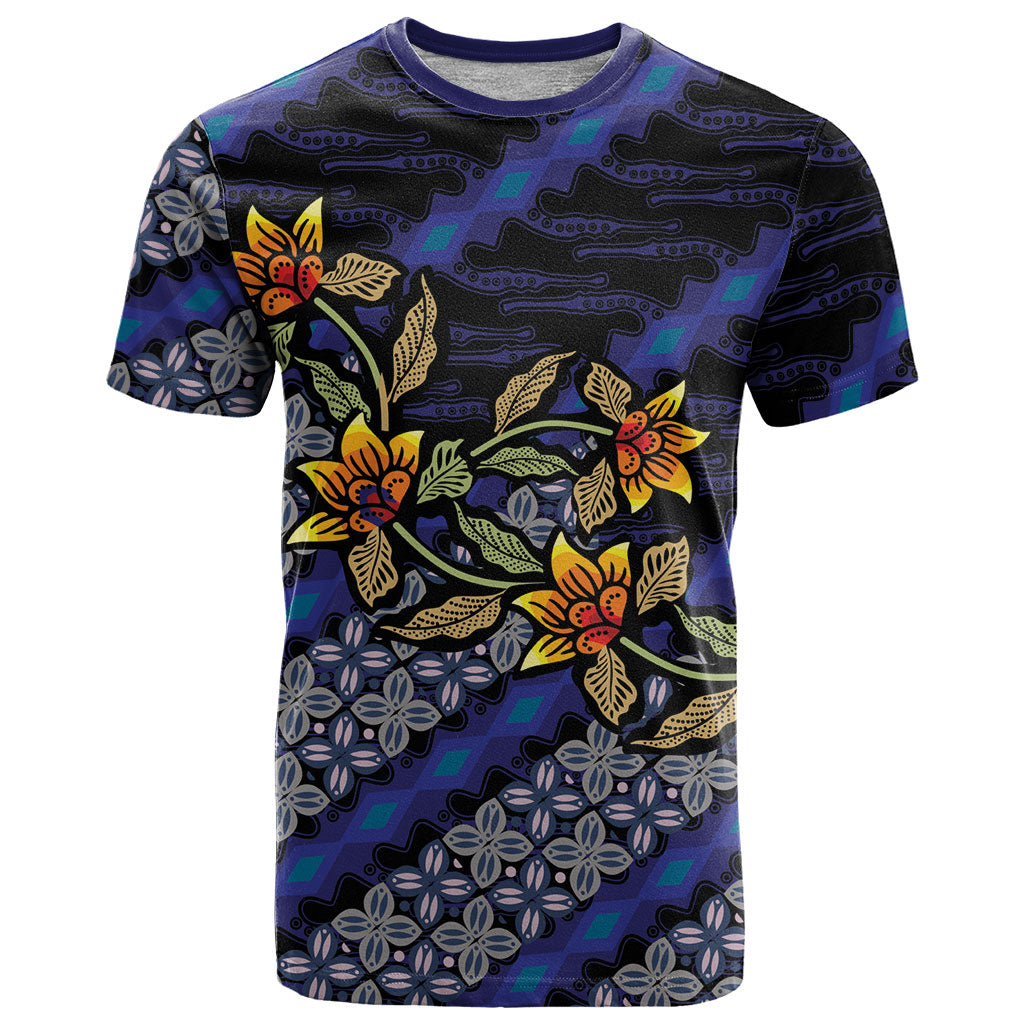 Indonesian Batik Motifs Pattern Floral Art Dark Blue T Shirt